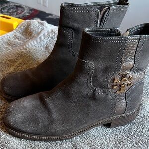 TORY BURCH Gray Suede Ankle Boots with Gold Logo
